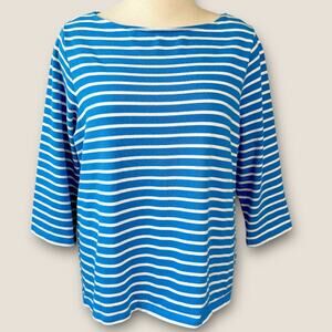 Lands' End Striped 3/4 Sleeves Boat Neck T Shirt Tops Cotton Size 3X Blue White